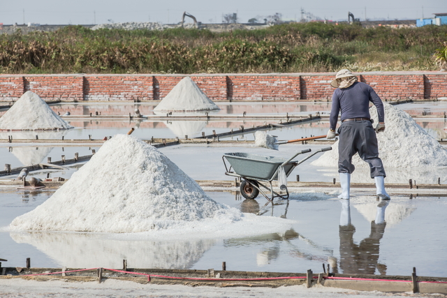 Farmer tidying up salt fields